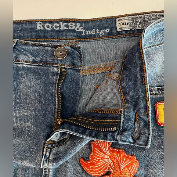 Rocks & Indigo denim mini skirt patch work 80s sequins frayed raw hem 10/29 - Picture 2 of 5